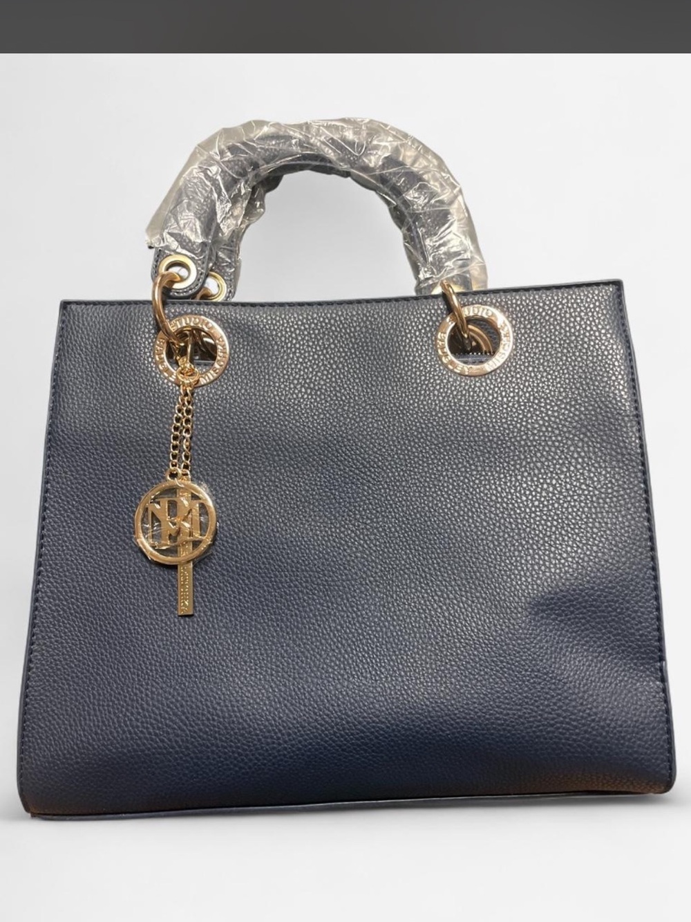 Badgley Mischka Navy Pebbled Satchel with Gold Hardware